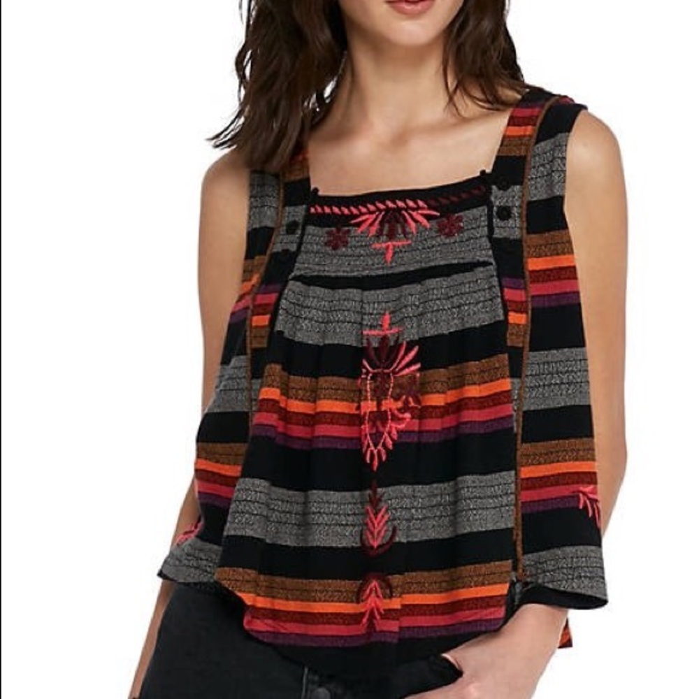 🆕 Free People Embroidered Striped Tank Top Black